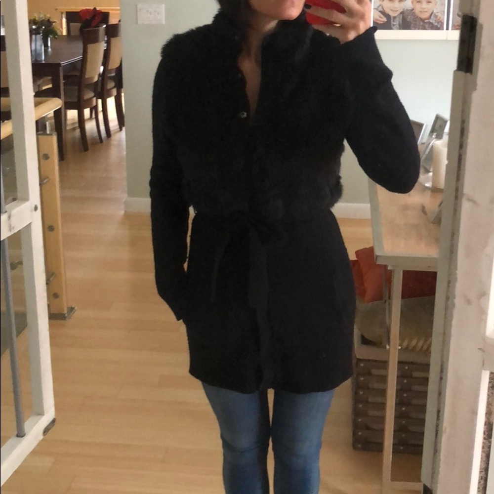 Tahari faux fur belted cardigan sweater coat